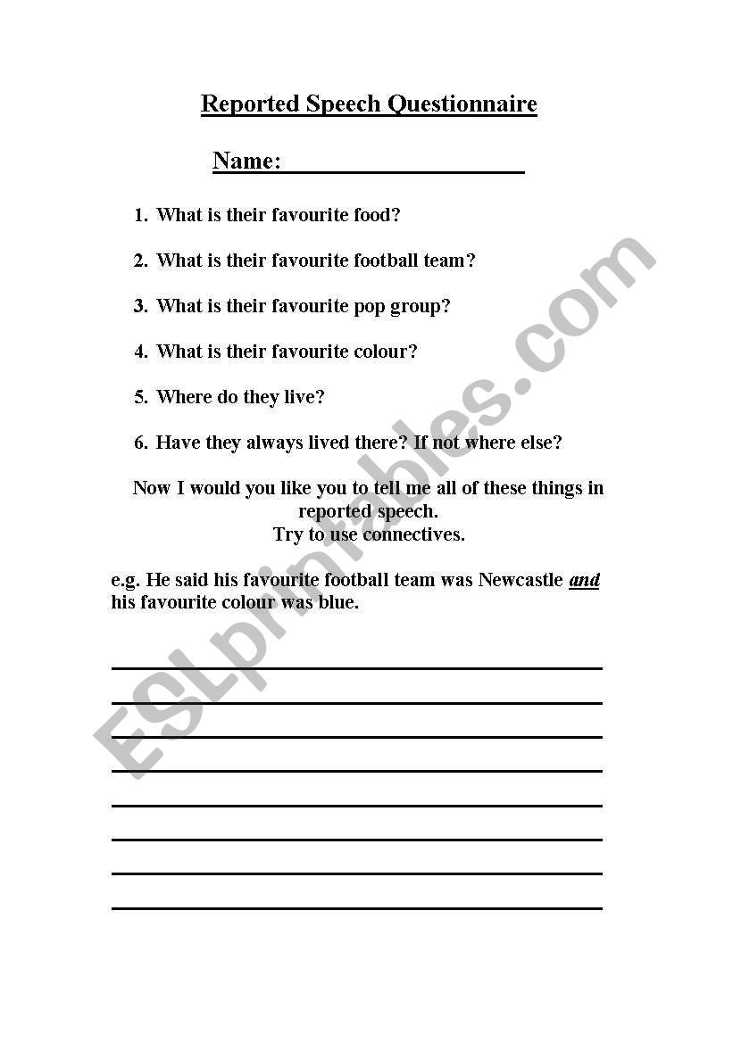 Reported speech- questionnare worksheet