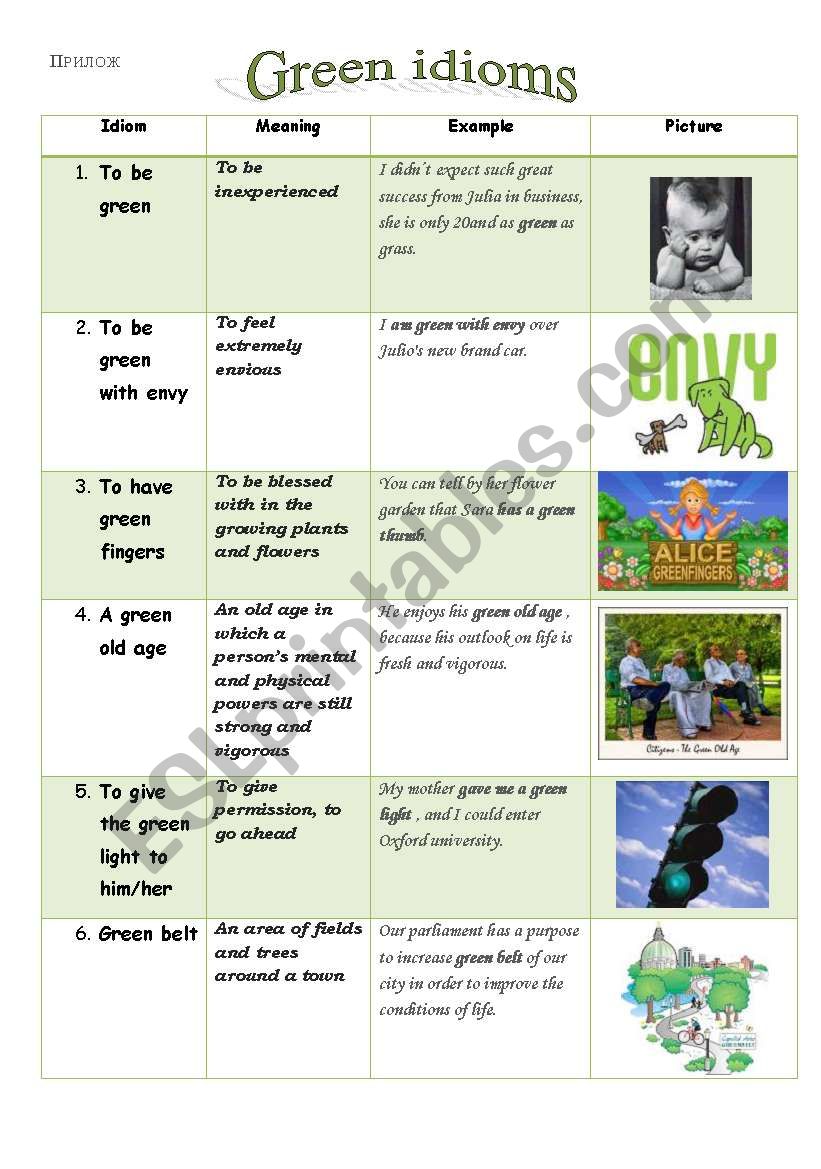 Idioms of green color  worksheet