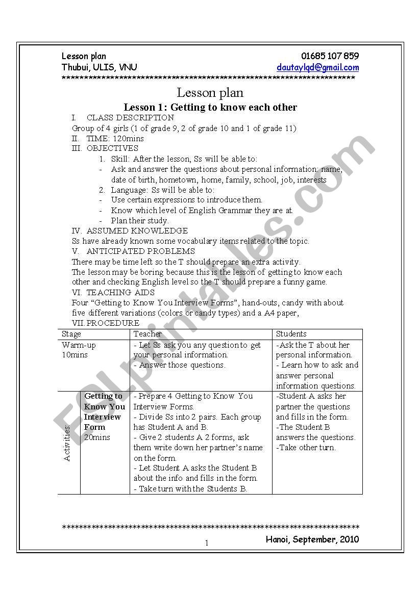 Getting to know each other worksheet