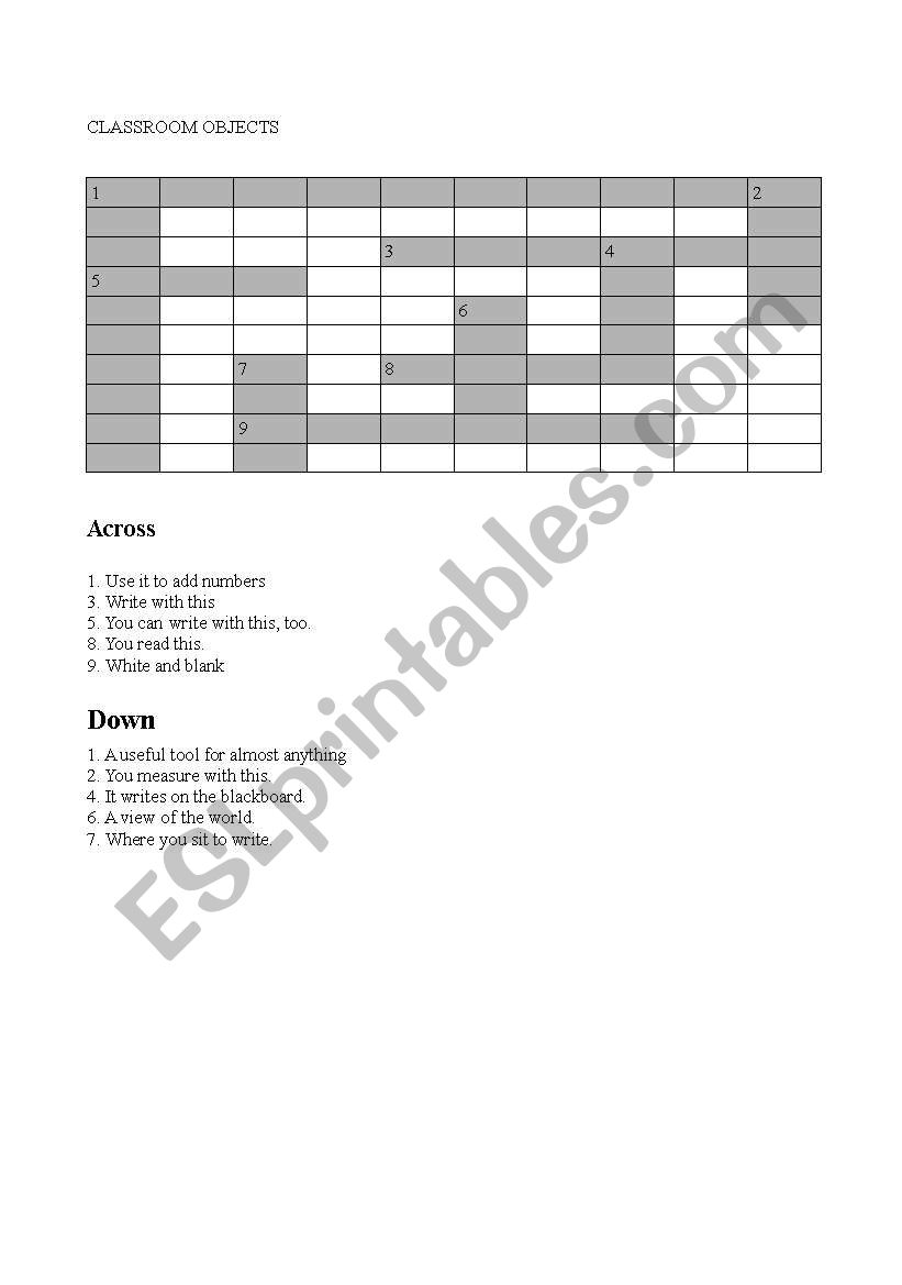 Classroom objects (crossword) worksheet