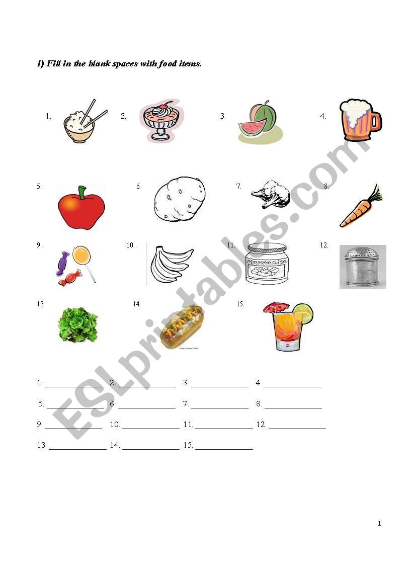 Food items worksheet