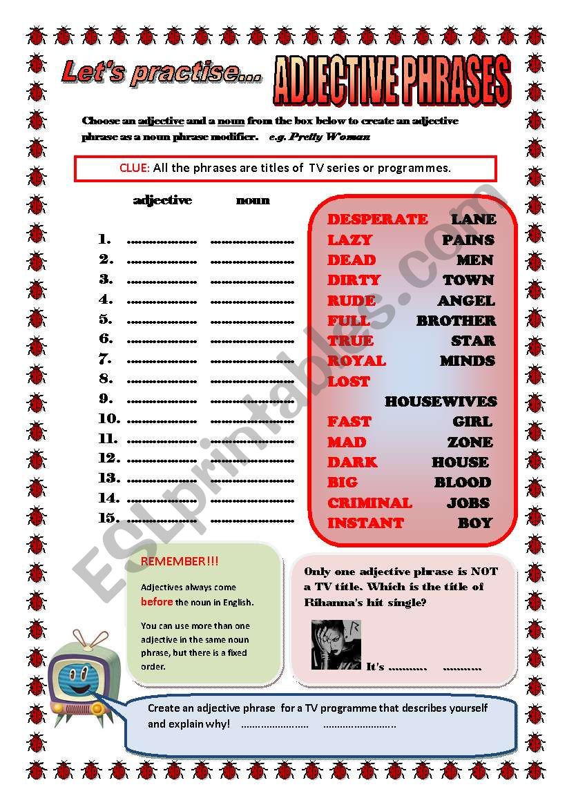 LETÂ´S PRACTISE...ADJECTIVES (ADJECTIVES IN NOUN PHRASES) ELEMENTARY