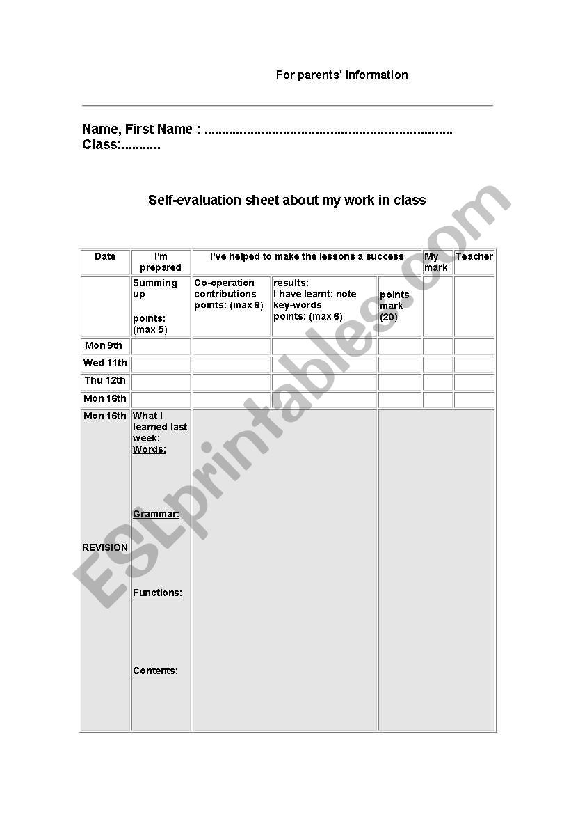 self-evaluation grid worksheet