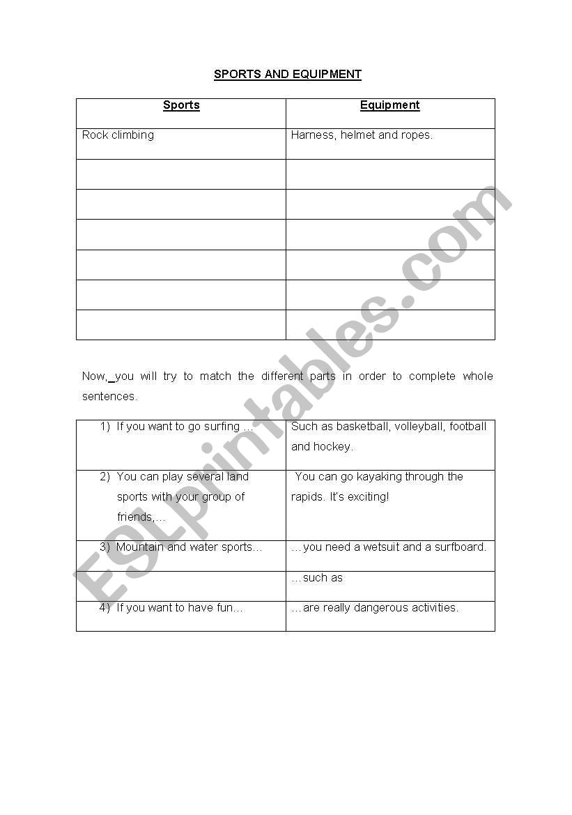 SPORTS AND EQUIPMENT worksheet