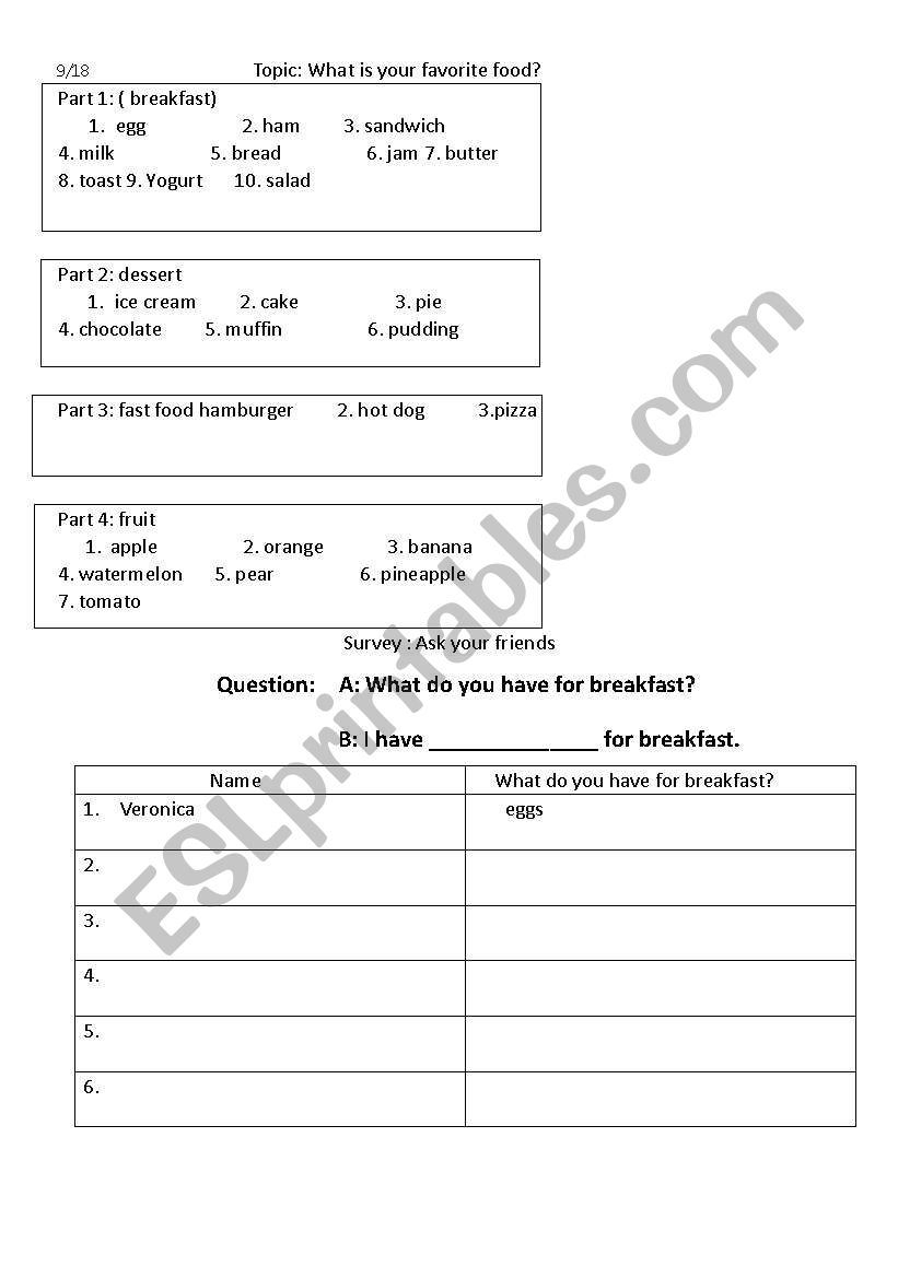 breakfast worksheet