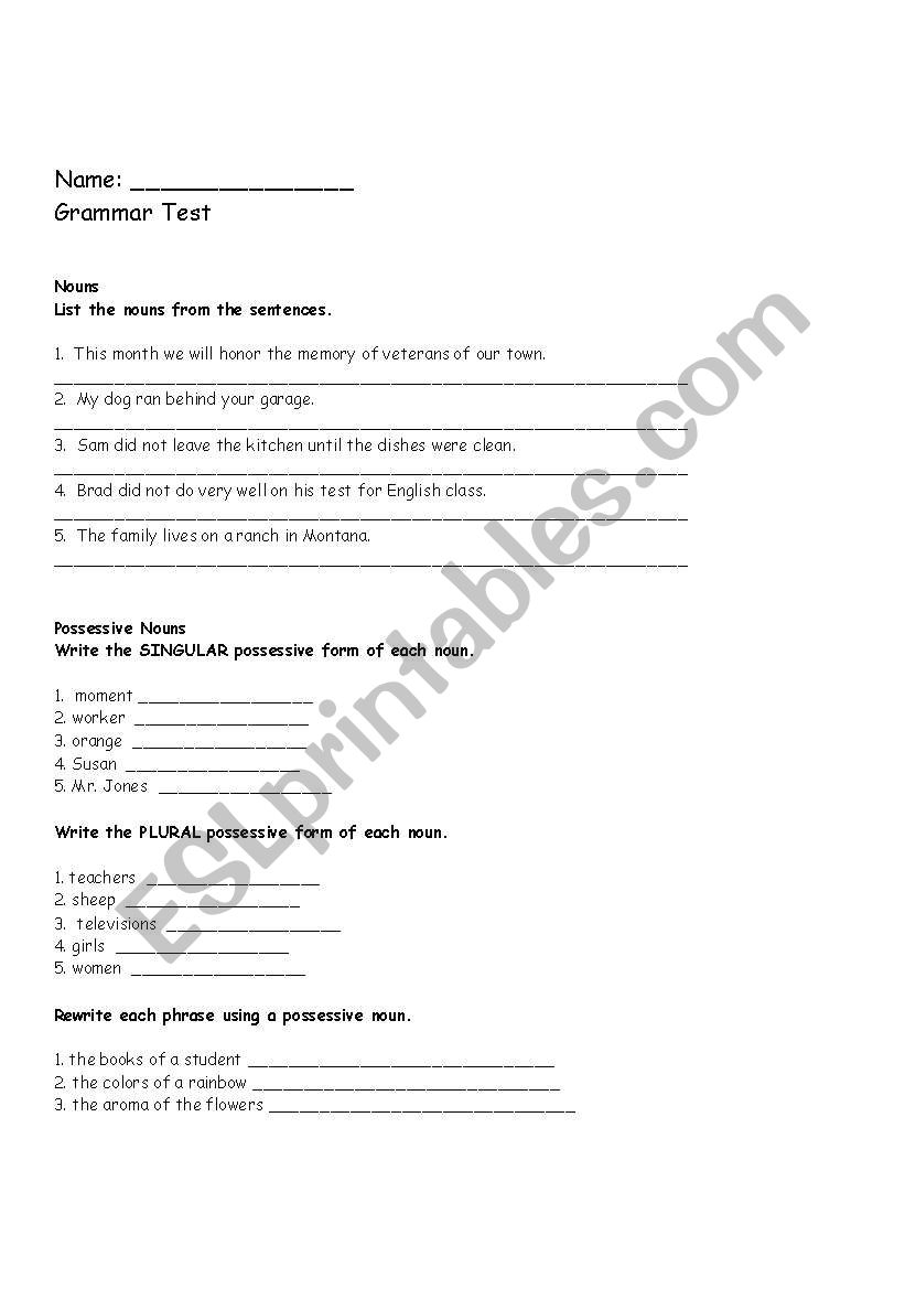 Grammar Test worksheet