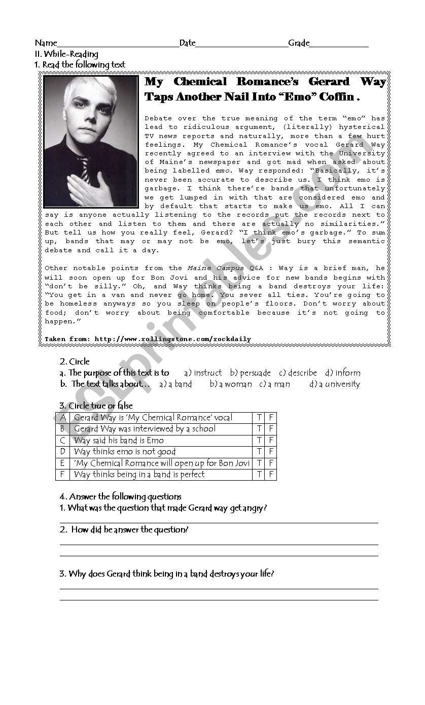 My chemical romance news worksheet