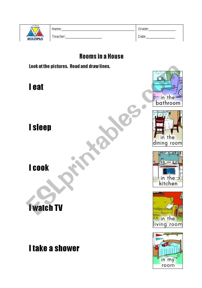 Rooms in a House - Draw lines worksheet