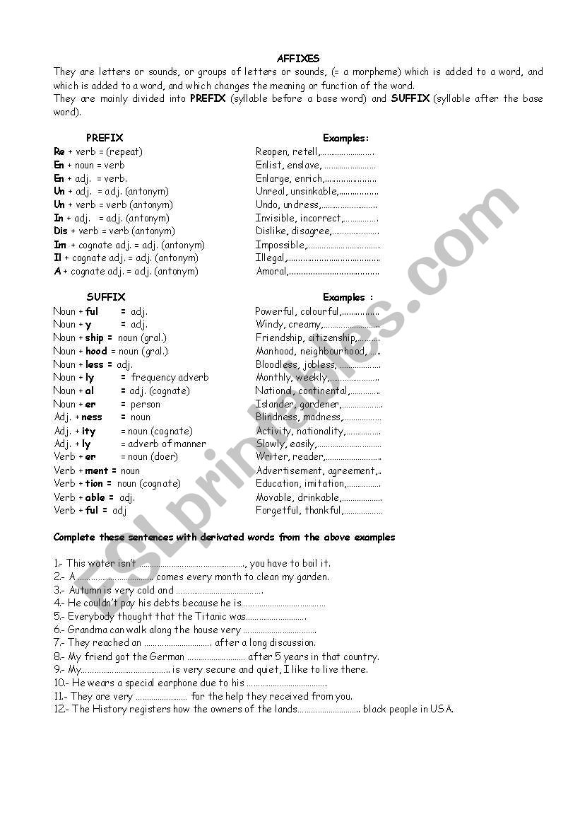 affixes worksheet