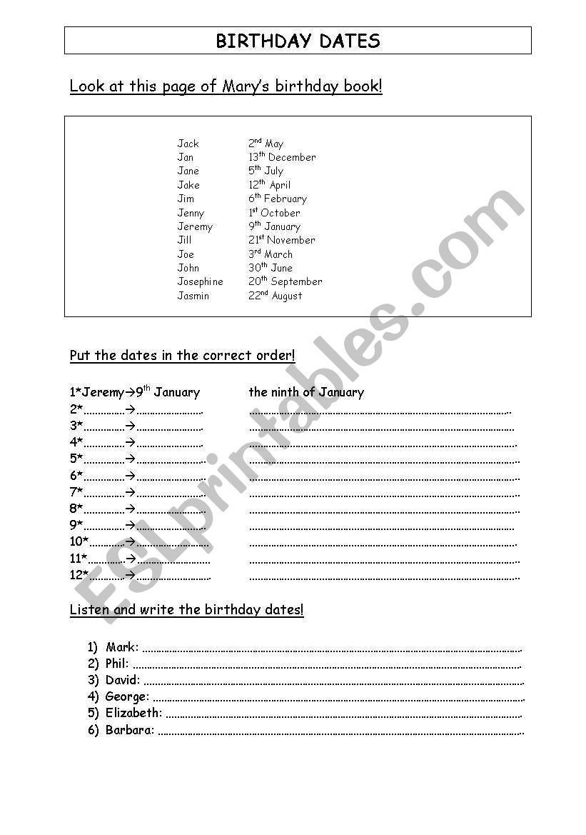 Birthday dates worksheet