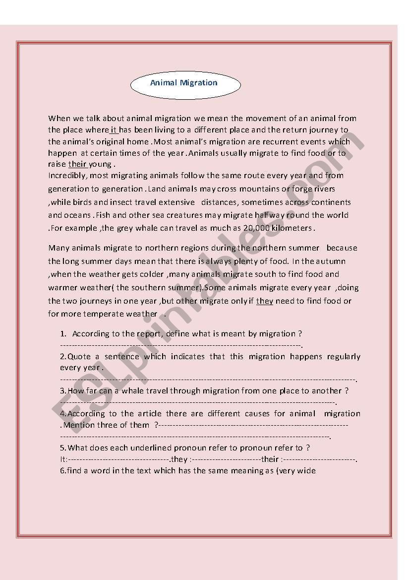 Animals emigration  worksheet