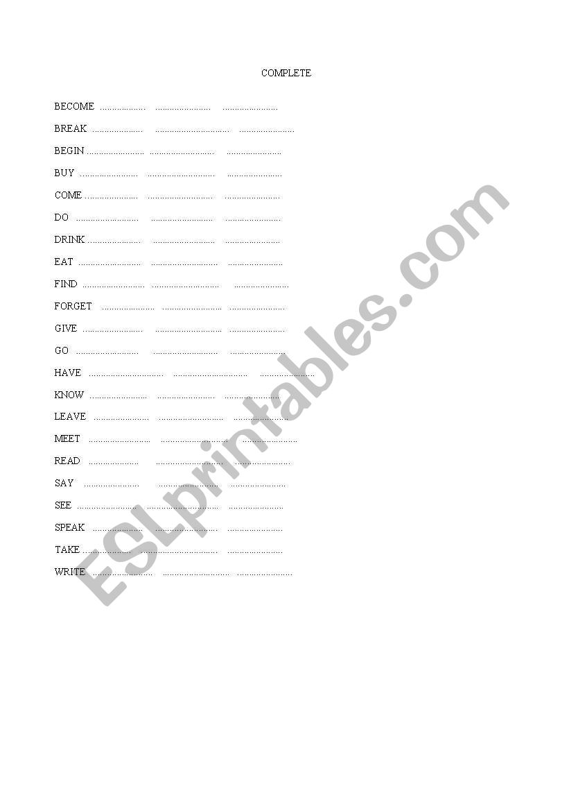 irregular verbs worksheet