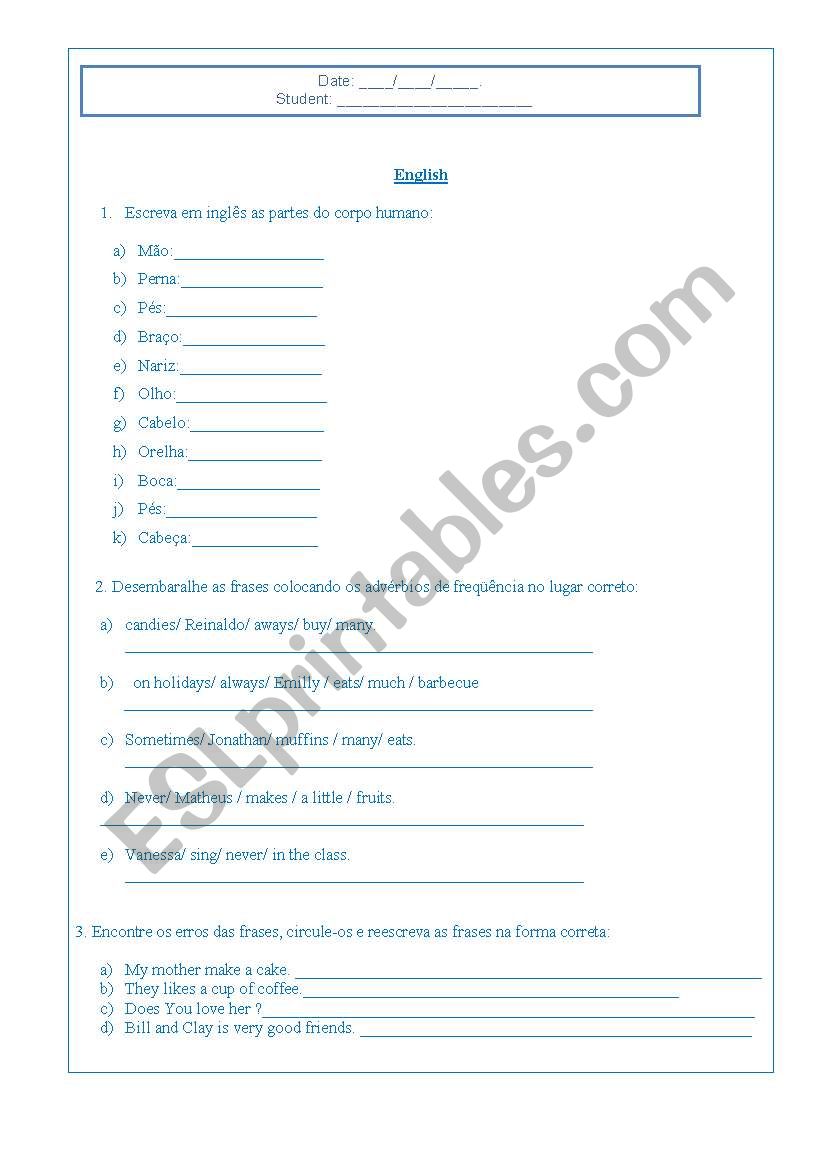 simple present, parts of the body, adverbs of frequency
