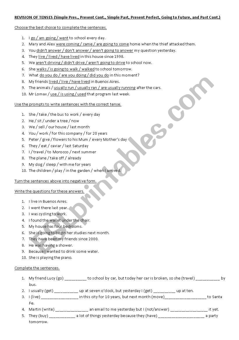 Revision of tenses worksheet