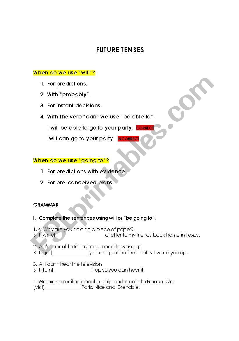 Future tenses worksheet