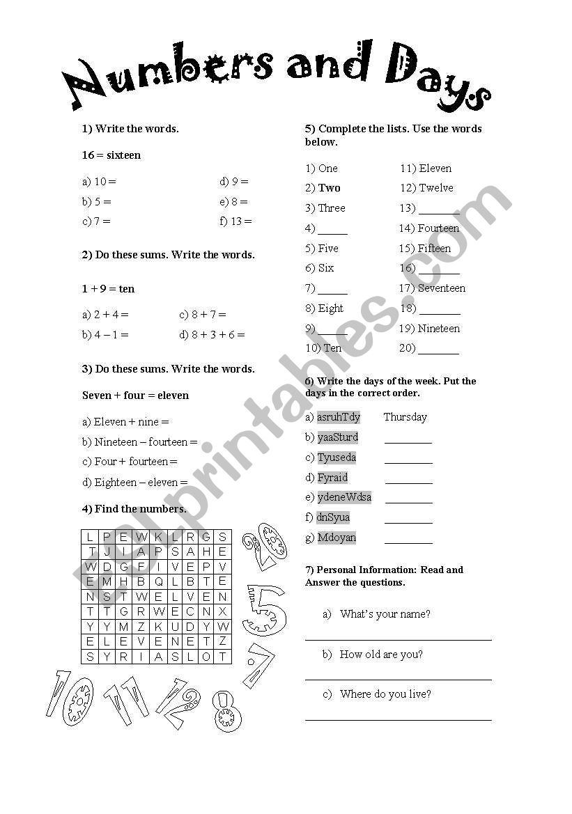 Numbers and days worksheet