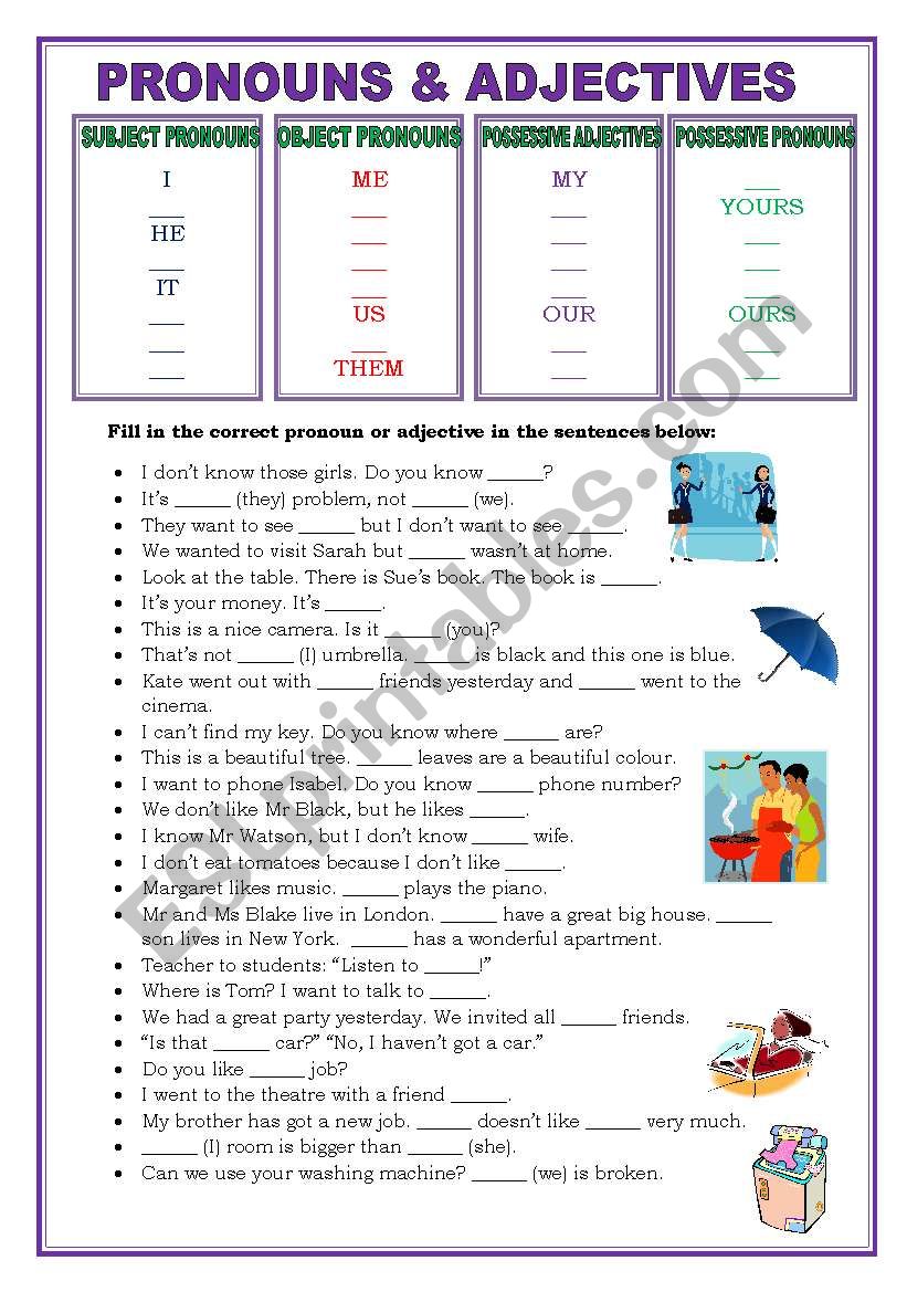 Noun Pronoun And Adjective Worksheet