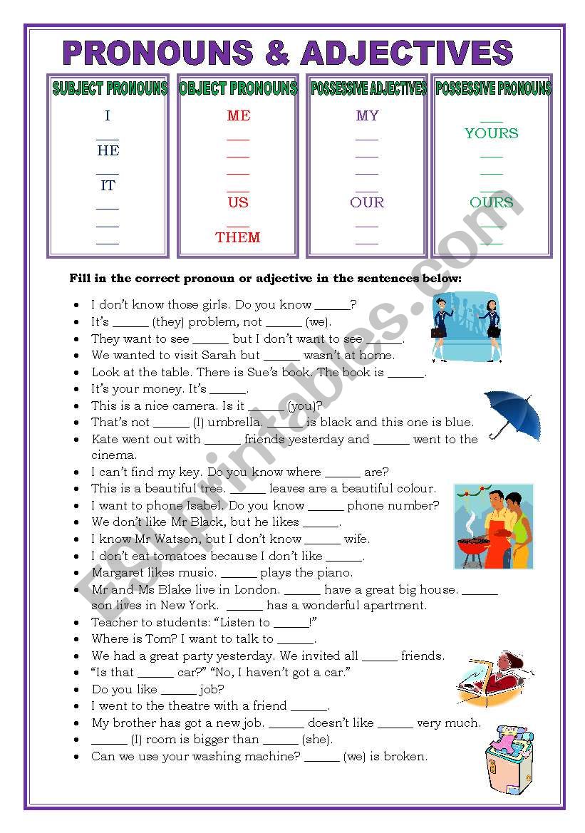 Pronoun Adjective Worksheet