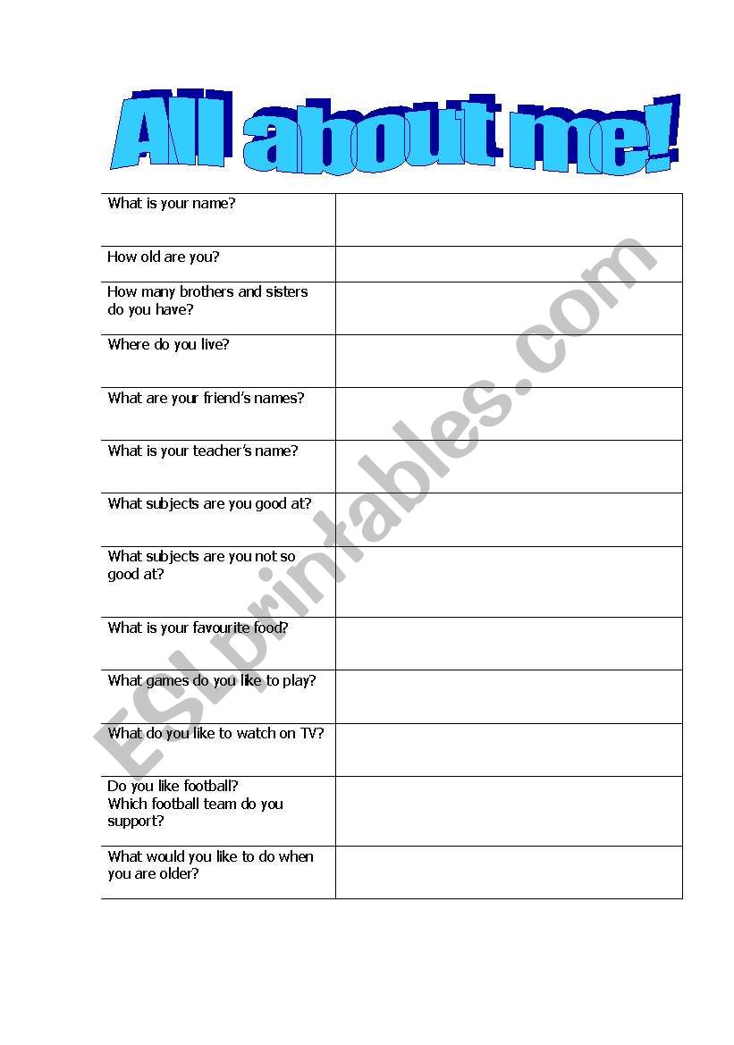 All about me worksheet