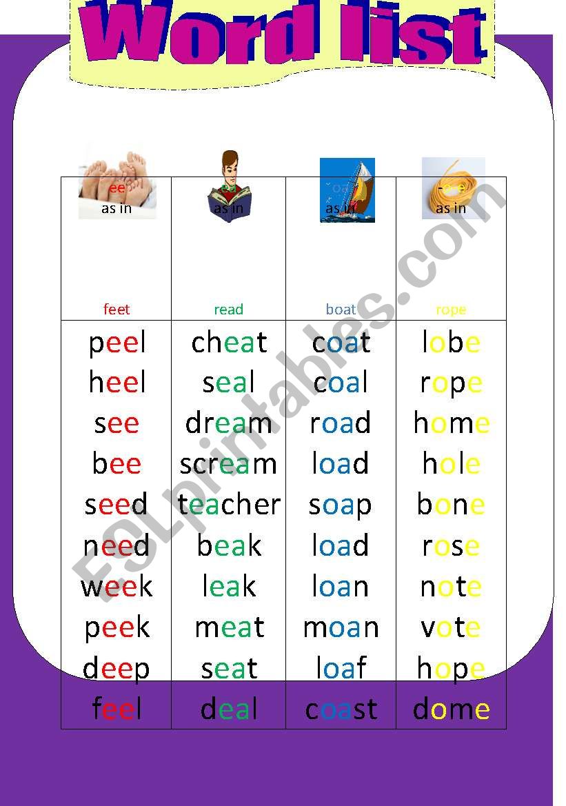 Phonics word list worksheet