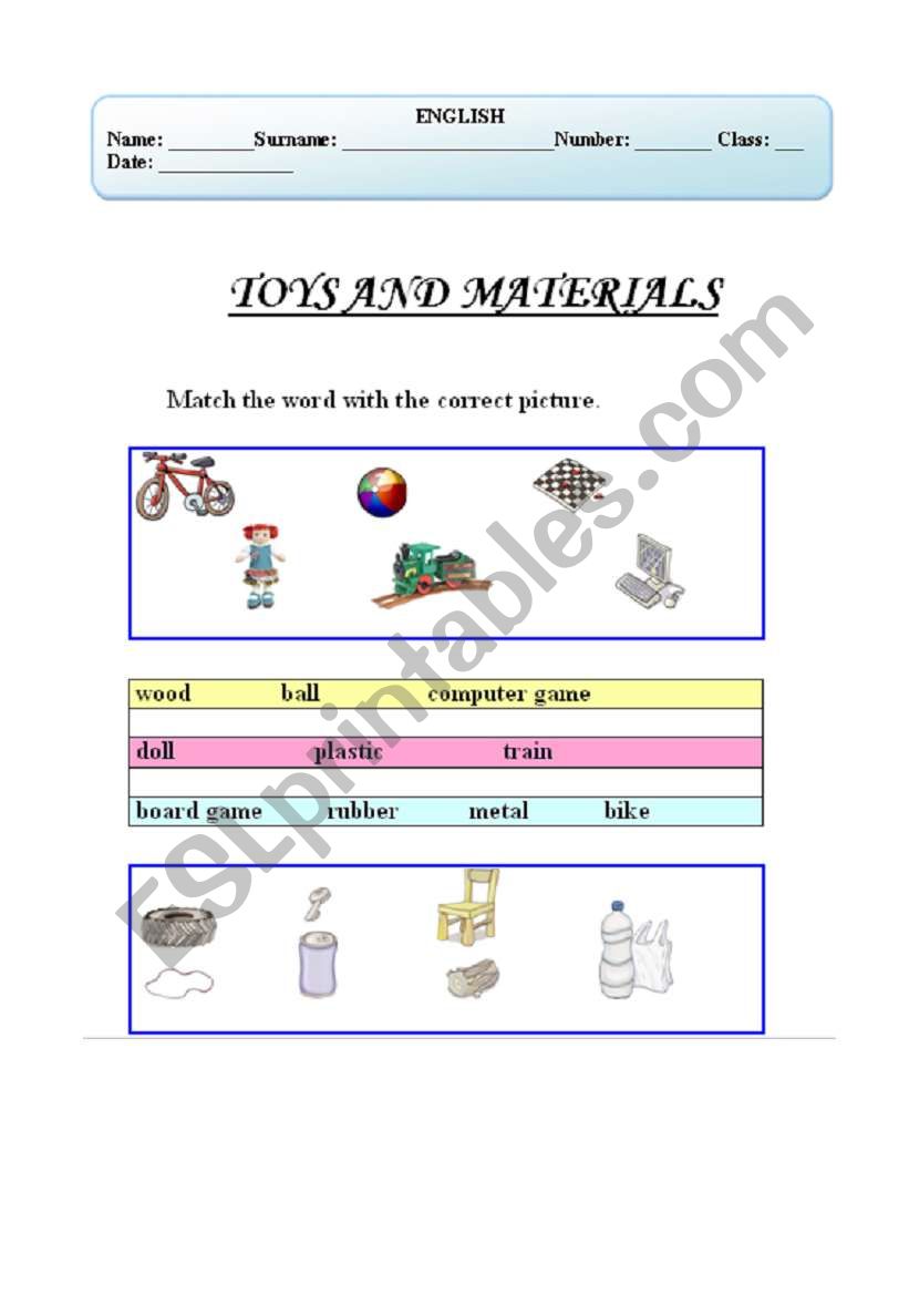 Toys and materials worksheet