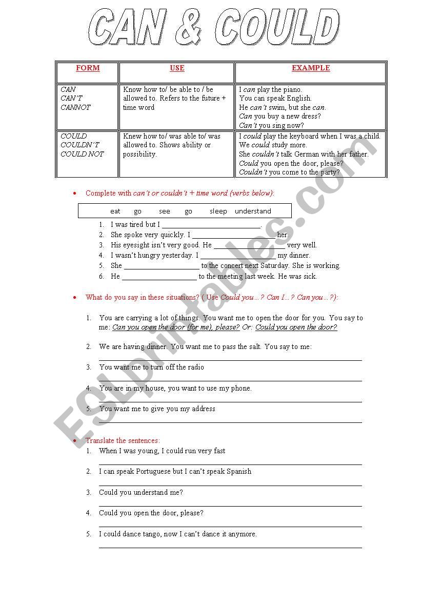 CAN and COULD worksheet