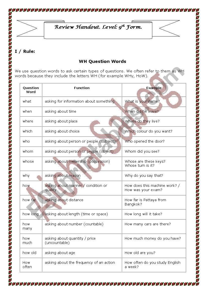 WH words worksheet