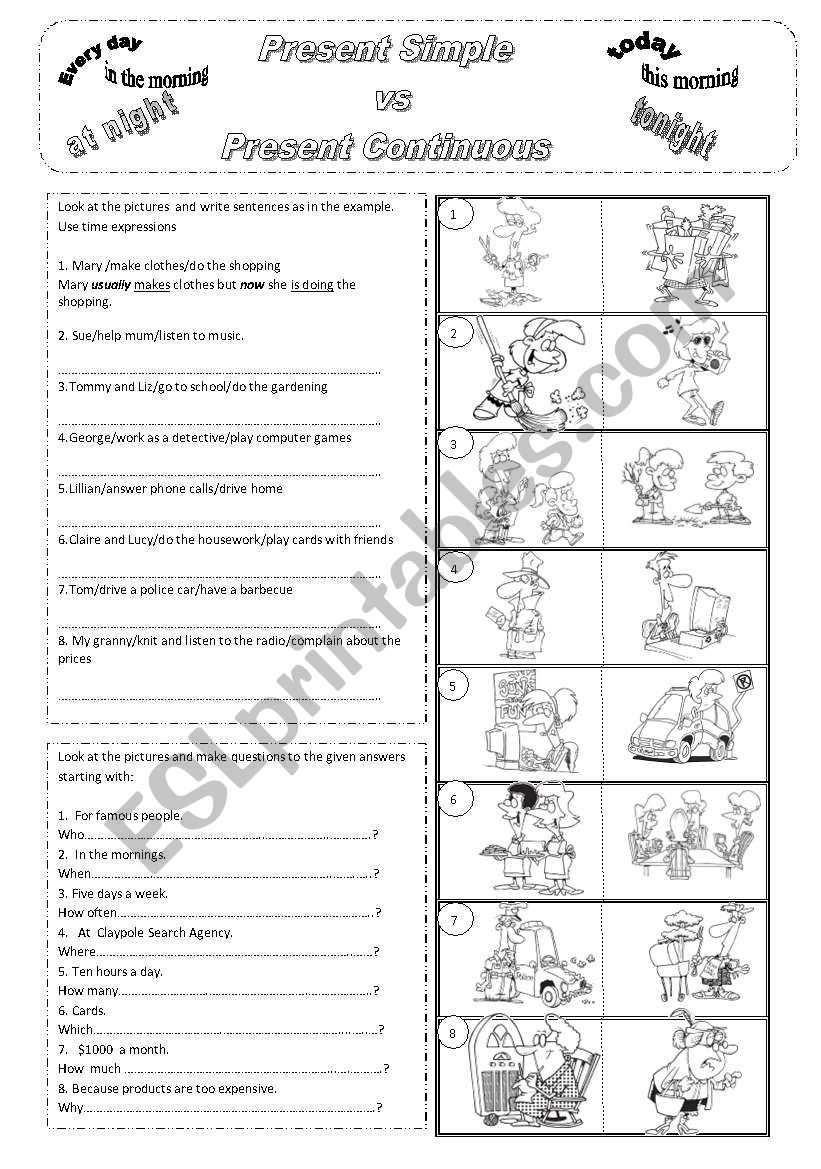 Present Simple vs Present Continuous Practice B/W