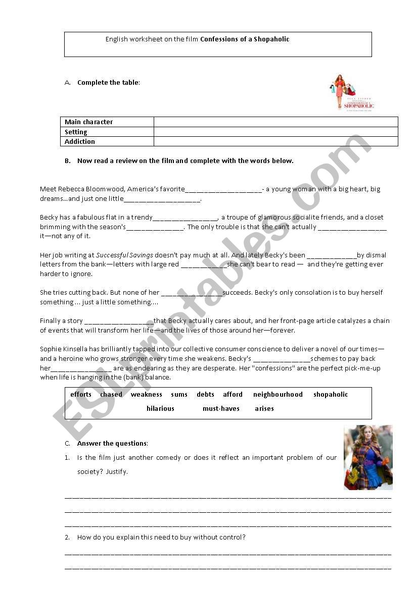 Confessions of a Shopaholic worksheet