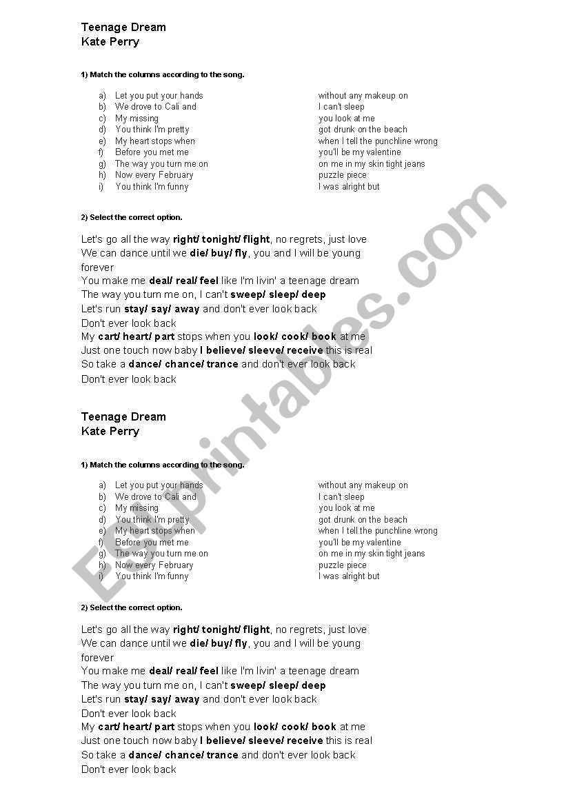 Kate Perry - Teenage Dream worksheet