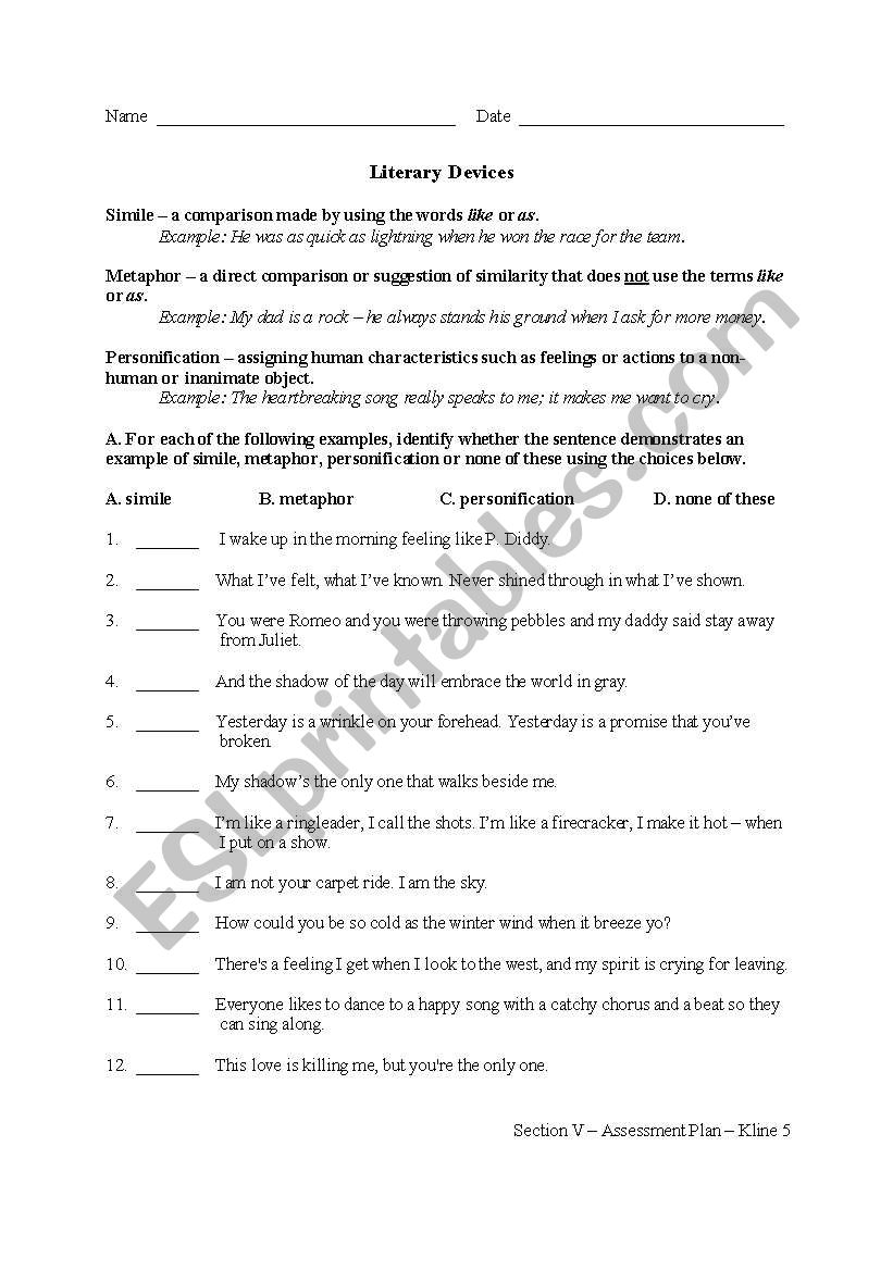 Simile, Metaphor, Personification through Music Lyrics - ESL In Simile Metaphor Personification Worksheet