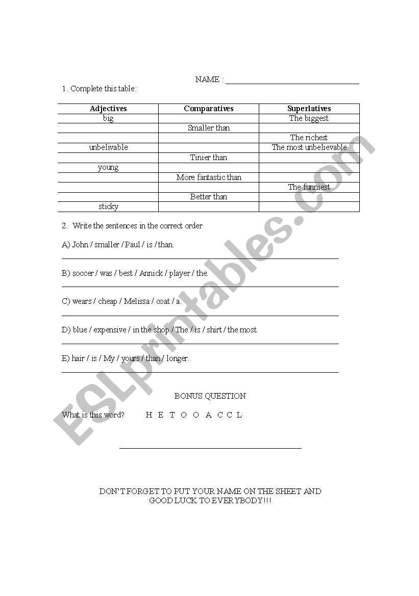 Comparatives and superlatives worksheet