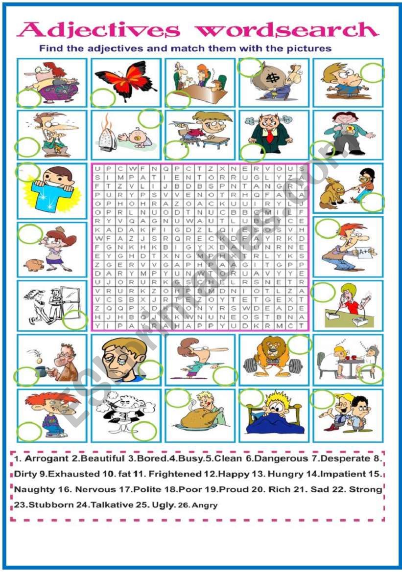 Adjectives wordsearch worksheet