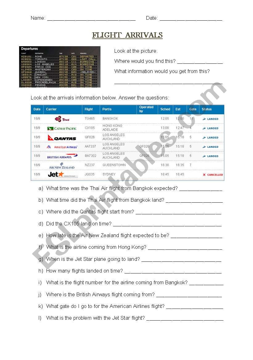 Flight arrivals worksheet