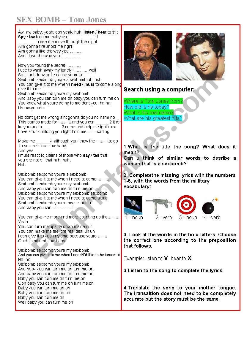 Song Music Sex Bomb Tom Jones worksheet