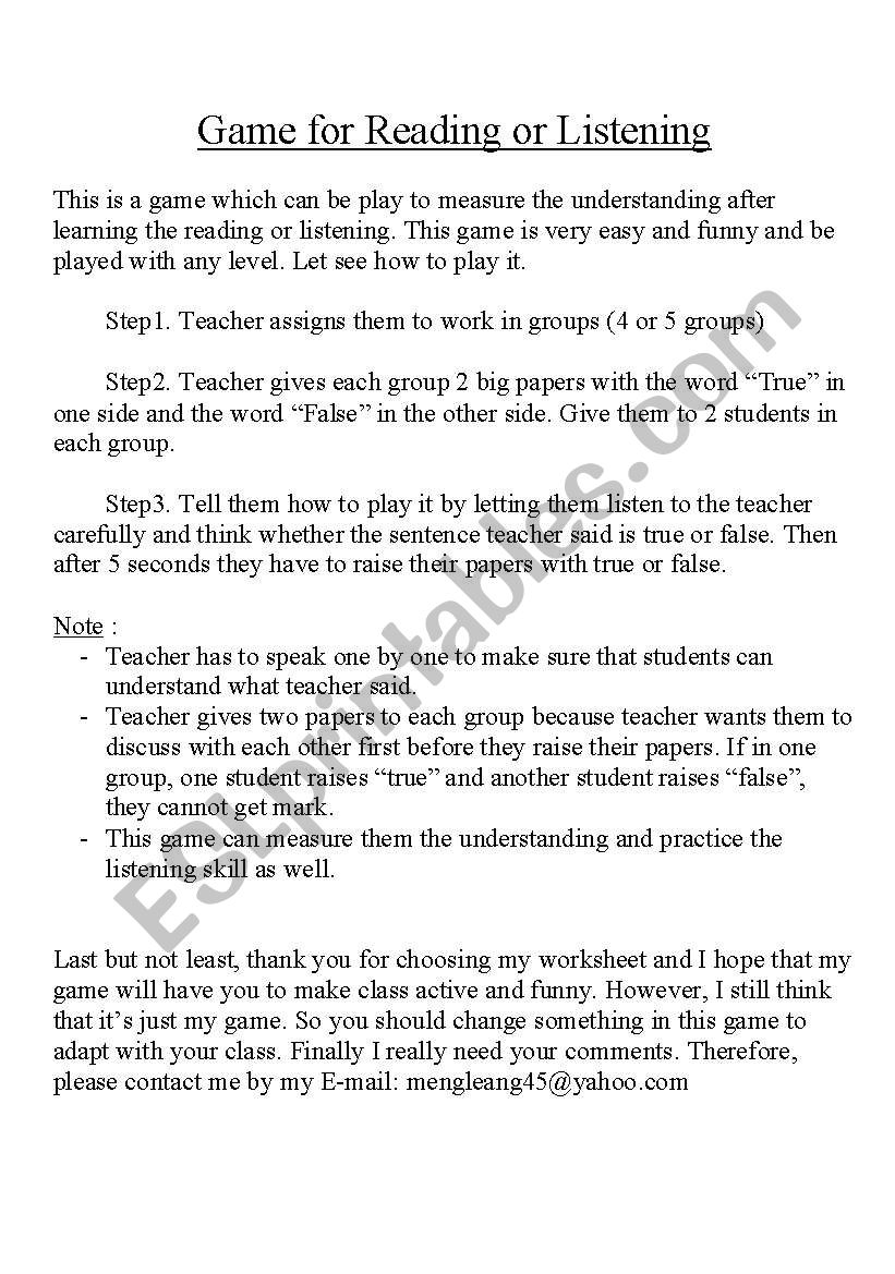 Game for reading or listening worksheet