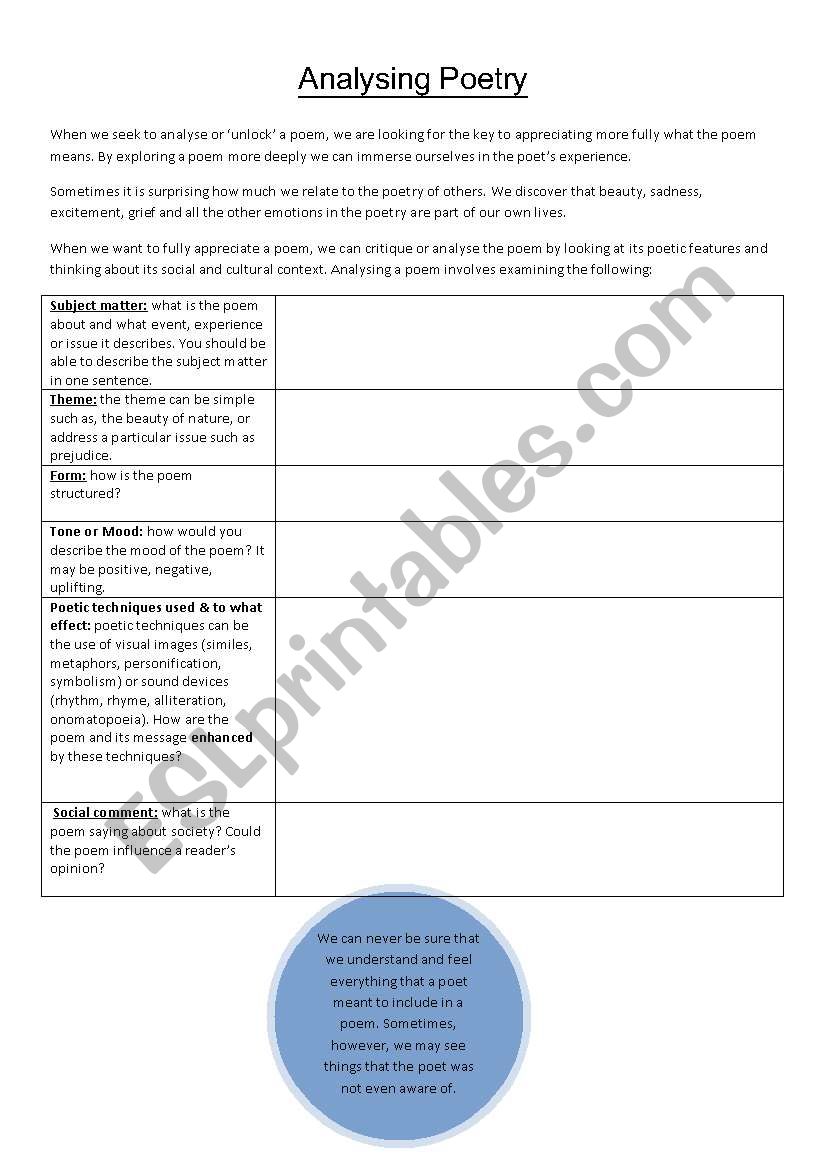 Analysing Poetry worksheet