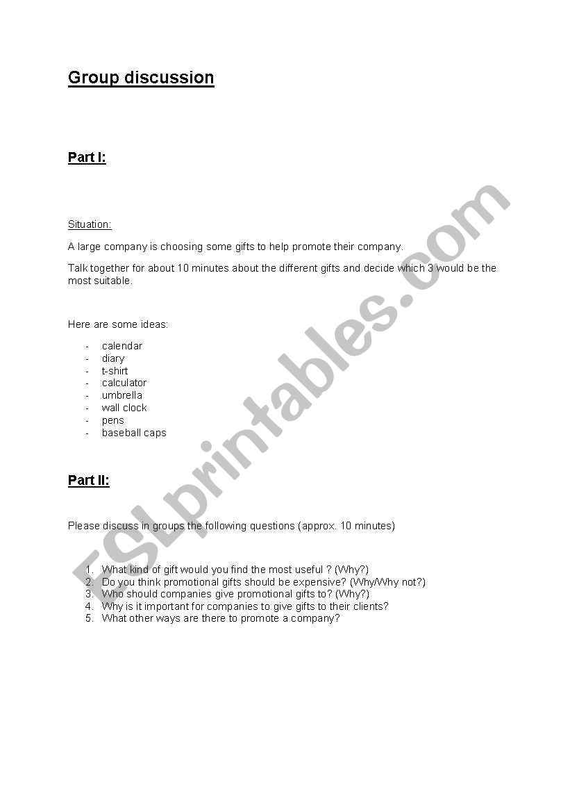 Group discussion about promotional gifts