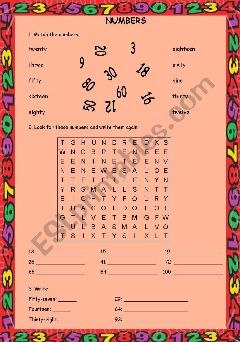 NUMBERS 1 TO 100 worksheet