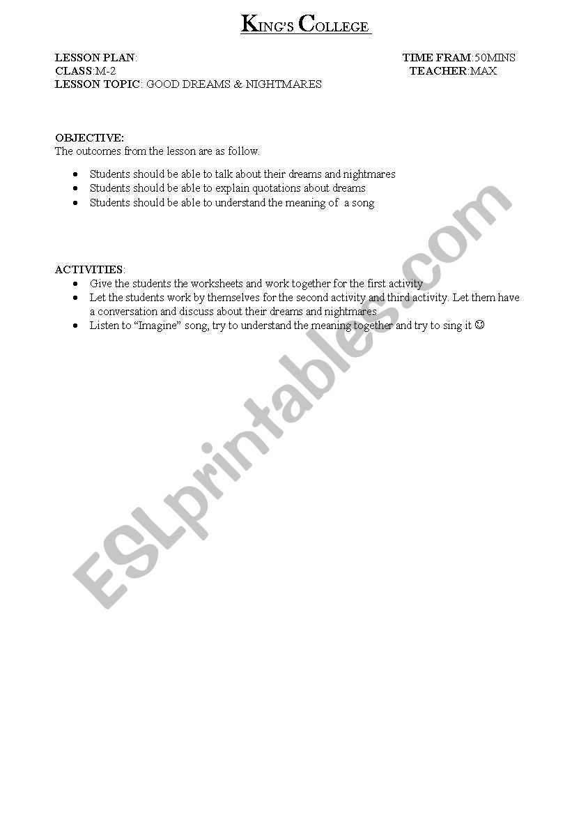 GOOD AND BAD DREAM worksheet