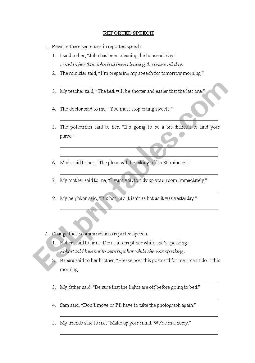 Reported Speech worksheet