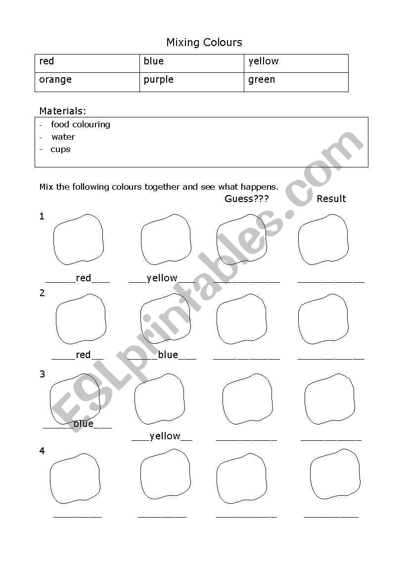 Mixing colours worksheet