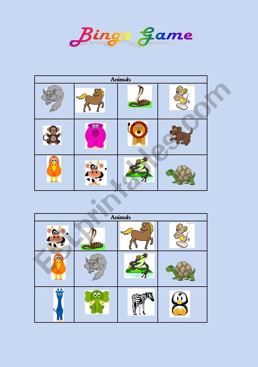 Useful bingo game about animals