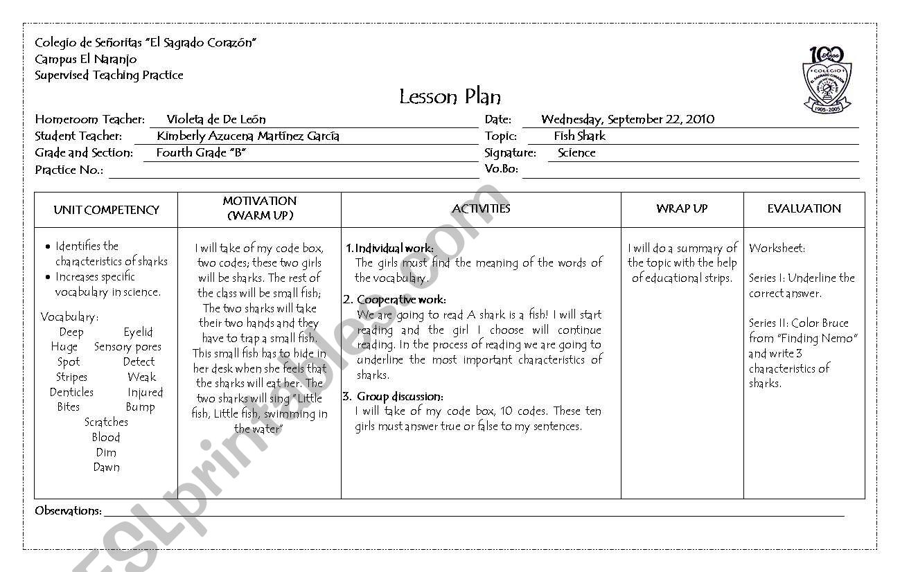 Plan de Clase Fish Shark worksheet