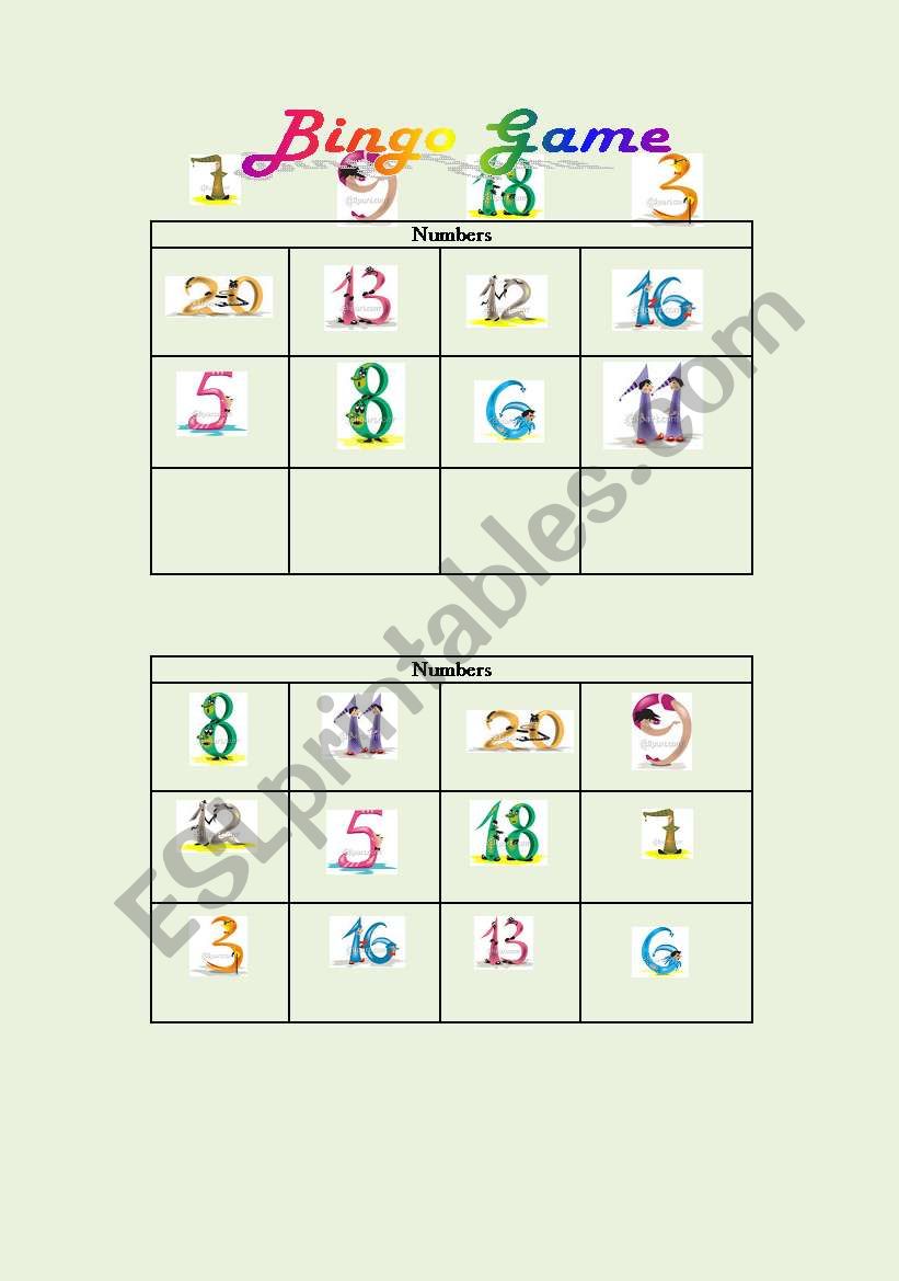 Bingo game cards worksheet