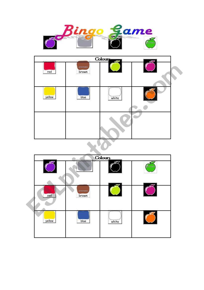 Colours bingo cards worksheet