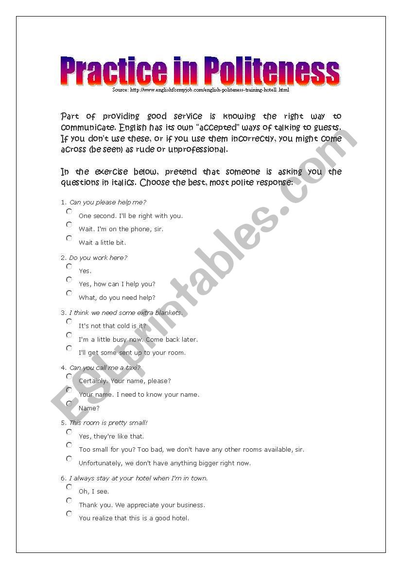 Practice in Politeness worksheet