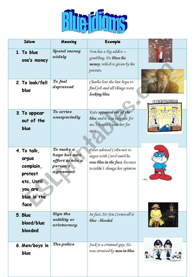 Blue idioms worksheet