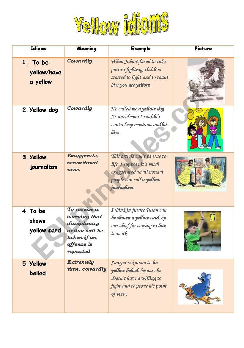 Yellow idioms worksheet