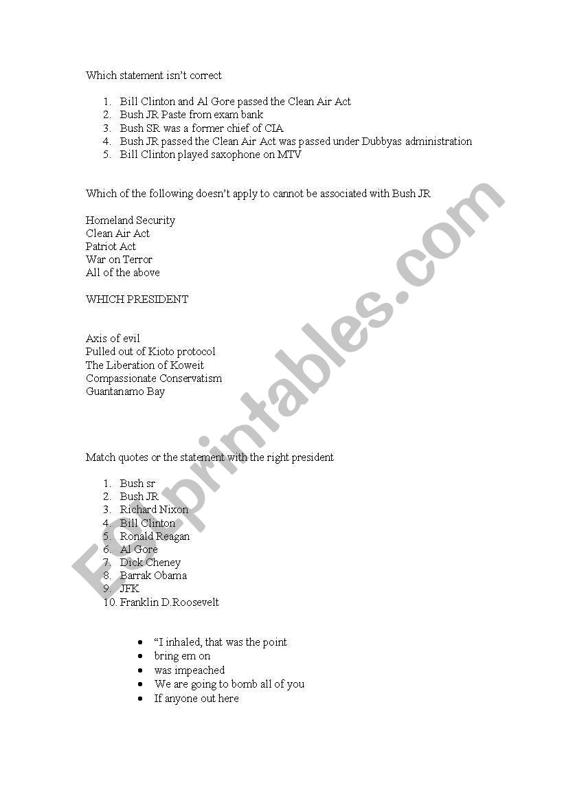 US Presidents quiz worksheet